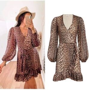 Ganni Mini Black Brown Dress Leopard Print Blouse Long Sleeve Wrap Size S